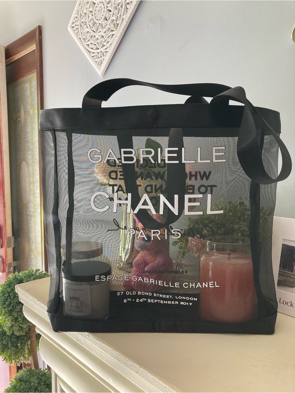 CHANEL Black Mesh Tote with White Logo